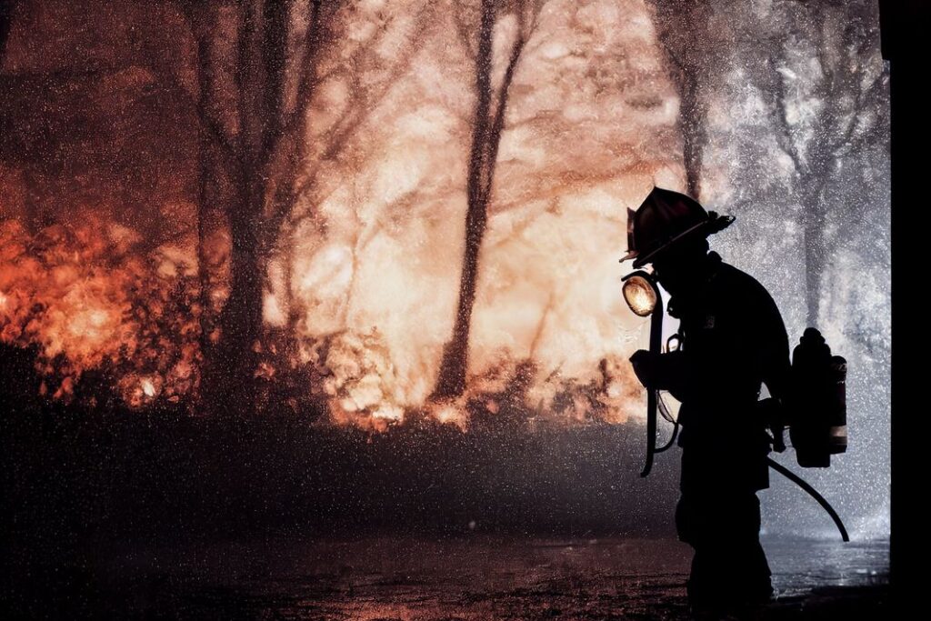 firefighter silhouette in the rain with a fire and smoke in the background, portrait, epic scene