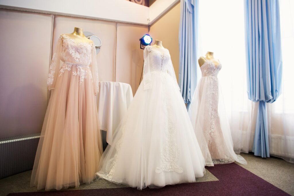 Wedding dresses displayed