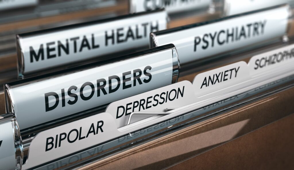 Mental health concept. File with a list of psychiatric disorders. 3D illustration