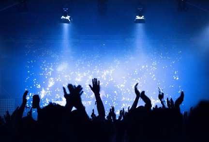 Crowd at Music concert raising hands