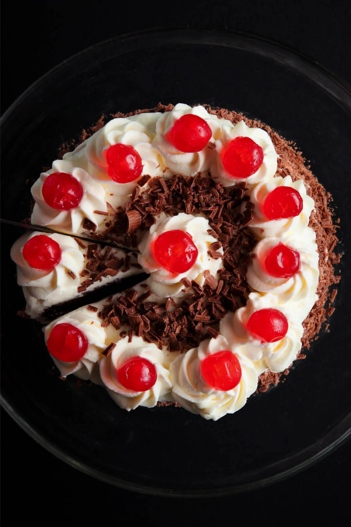 Overhead shot of black forest cake by food blogger Dassana Amit