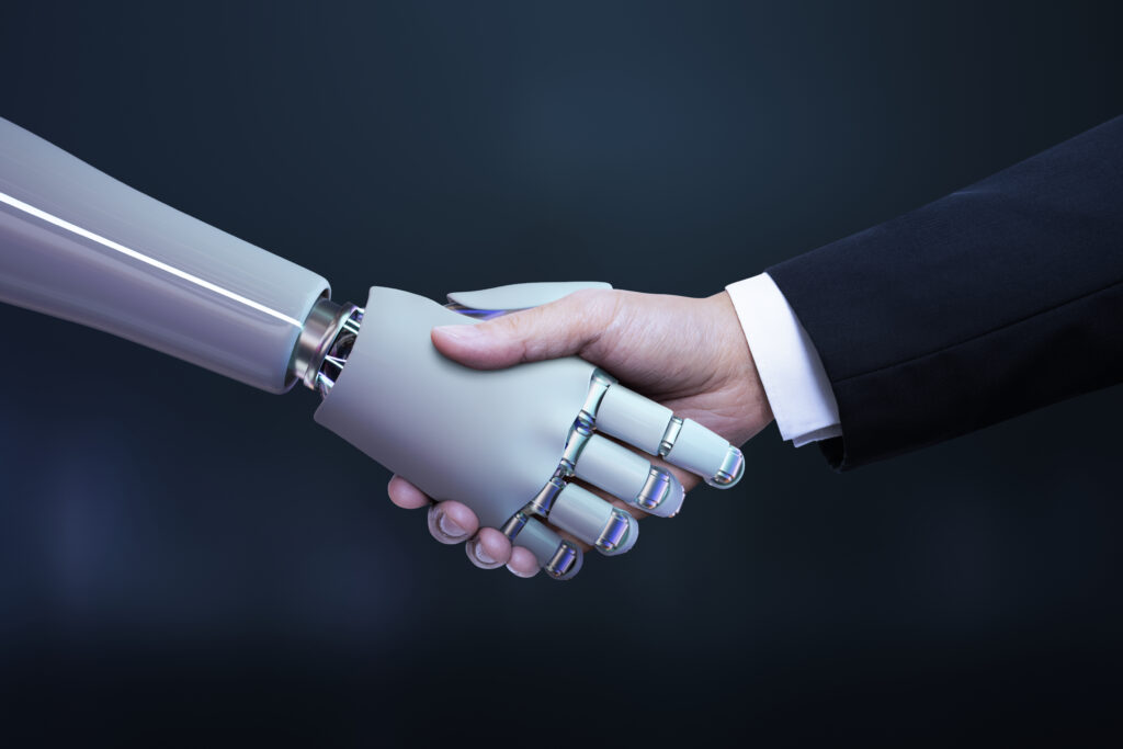 Business hand robot handshake, artificial intelligence