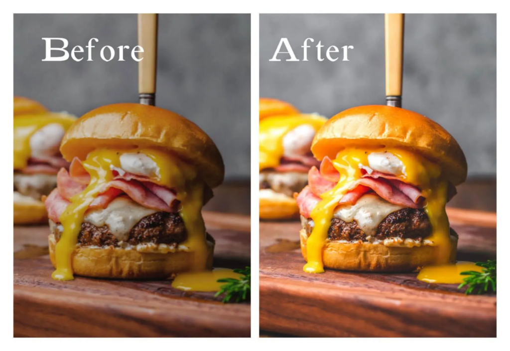 Before and after editing an image of a burger