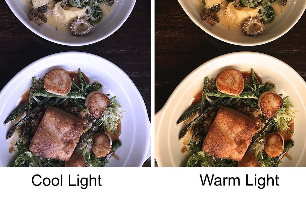 Comparison of a dish of food in cool vs warm light