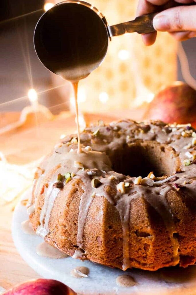 Pouring Caramel sauce over pound cake