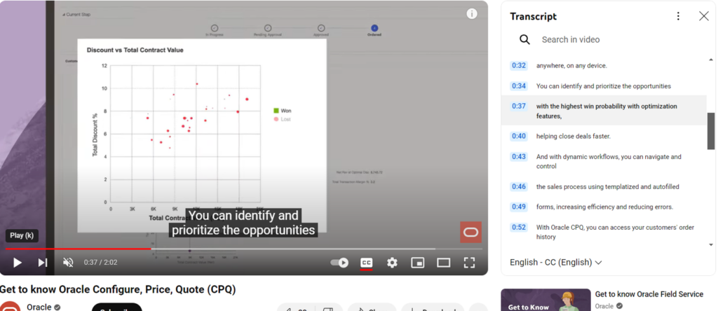 Captions and Transcript in Oracle Training Video 